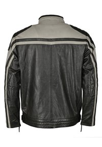 Läderjacka med en svart huvuddel och grå detaljer. Inkluderar kviltade axeldetaljer och kontrasterande ränder längs ärmarna.