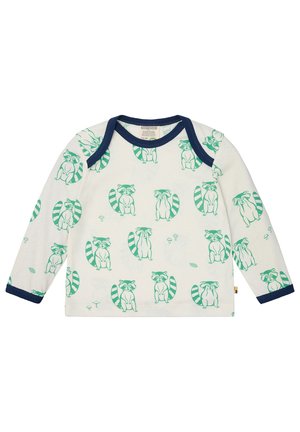 Langarmshirt aus cremefarbenem Baumwollstoff, mit verspielten grünen Waschbären-Illustrationen und dunkelblauen Ripp-Akzenten am Ausschnitt und an den Bündchen.