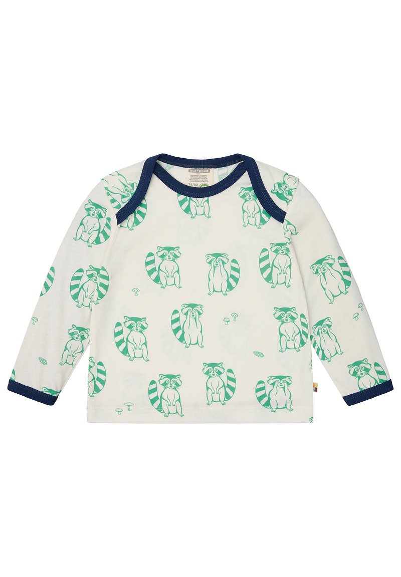 Langarmshirt aus cremefarbenem Baumwollstoff, mit verspielten grünen Waschbären-Illustrationen und dunkelblauen Ripp-Akzenten am Ausschnitt und an den Bündchen.