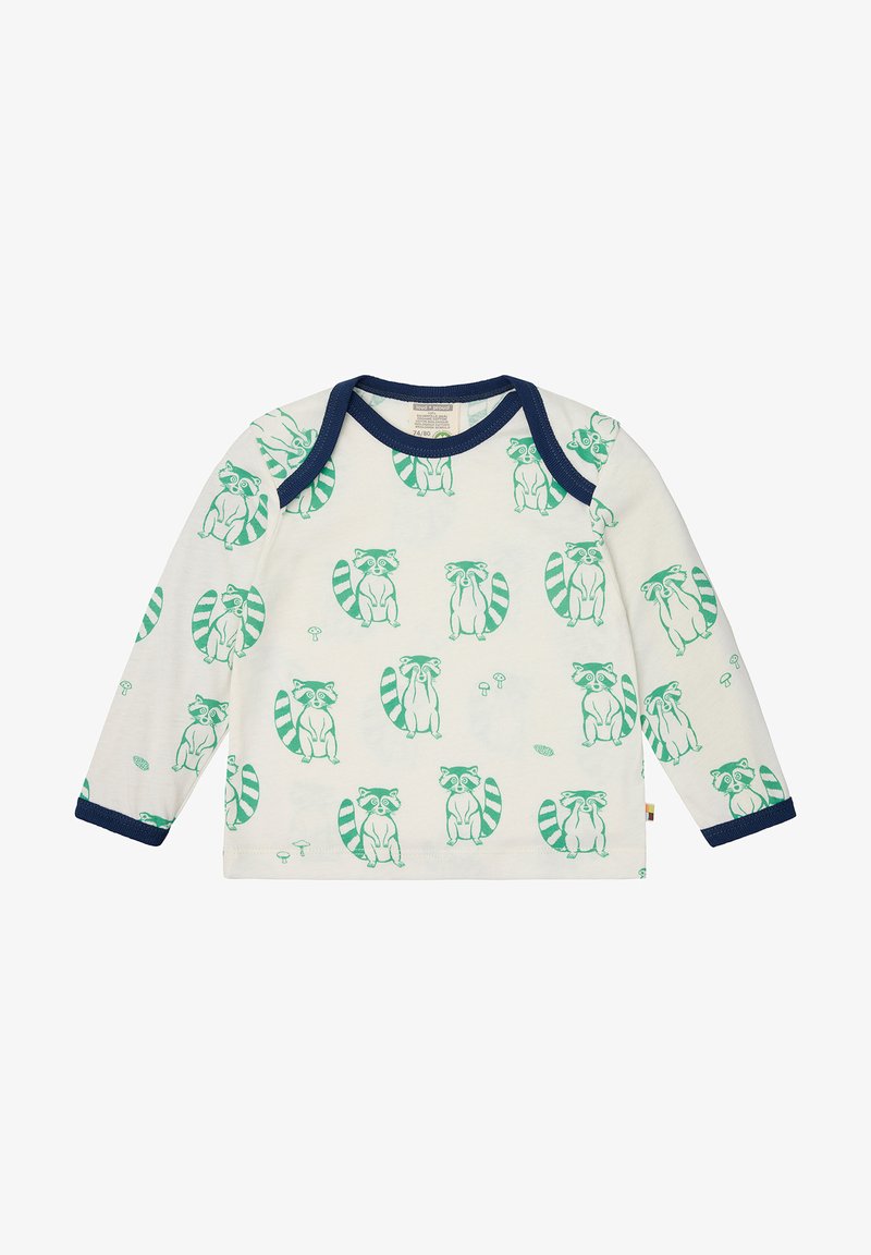 Langarmshirt aus cremefarbenem Baumwollstoff, mit verspielten grünen Waschbären-Illustrationen und dunkelblauen Ripp-Akzenten am Ausschnitt und an den Bündchen.