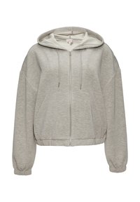 Haut à zip gris avec capuche, doté de poches avant, de poignets élastiques et d'une coupe décontractée. Fabriqué à partir d'un tissu doux et texturé.