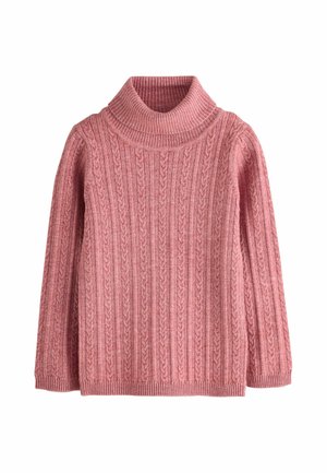 Różowy sweter z golfem w splot warkoczowy, z długimi rękawami oraz ściągaczami przy mankietach i na dole na białym tle.