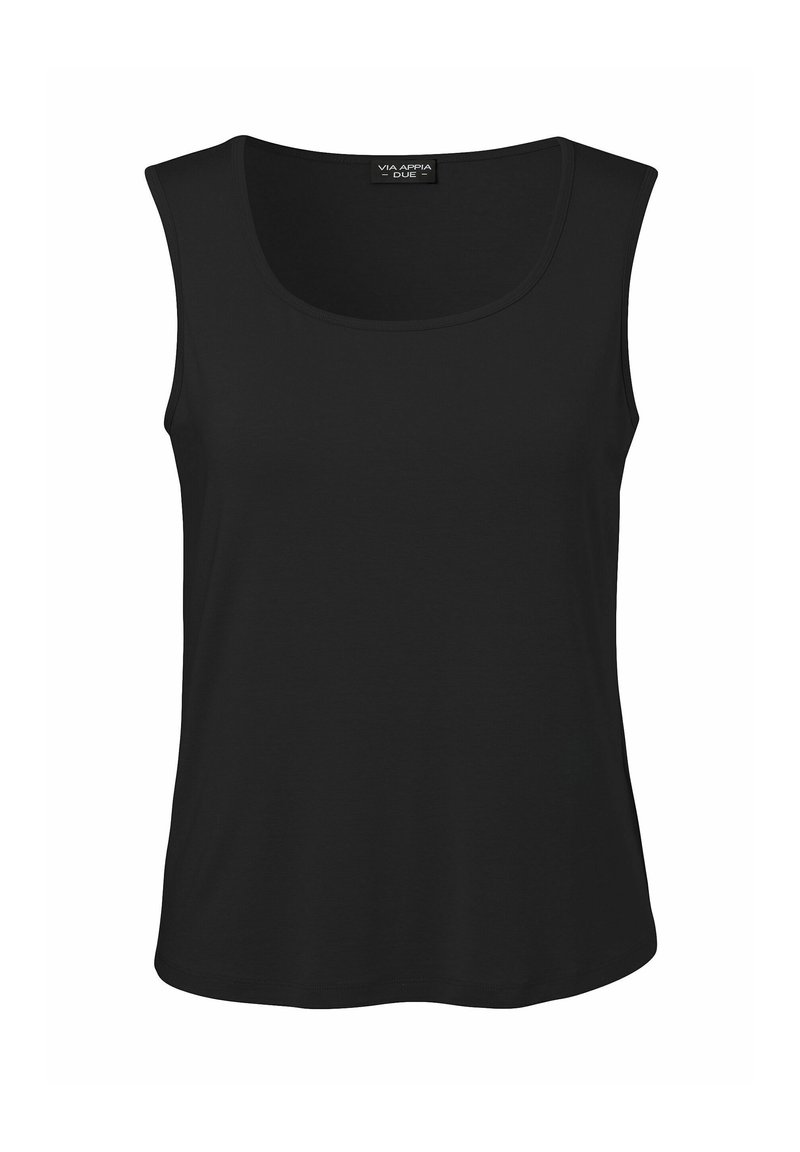 Black sleeveless top with a rounded neckline and a smooth texture. The design features straight side seams and a regular fit.