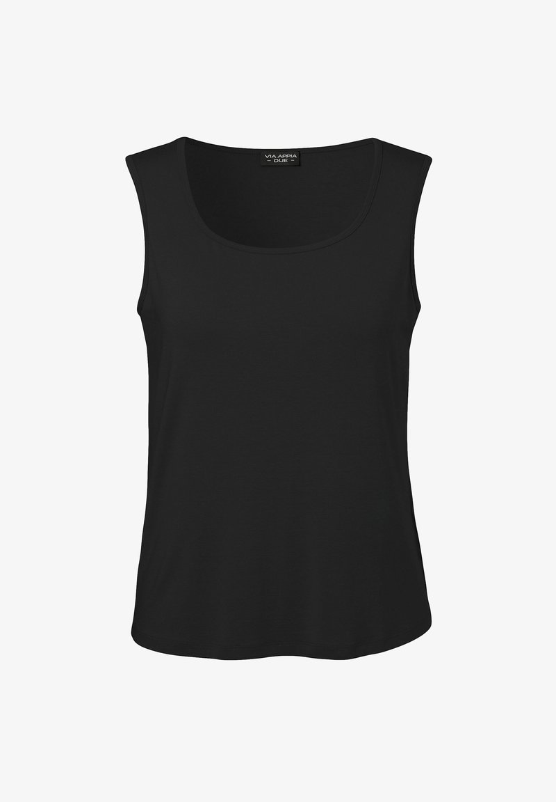 Black sleeveless top with a rounded neckline and a smooth texture. The design features straight side seams and a regular fit.