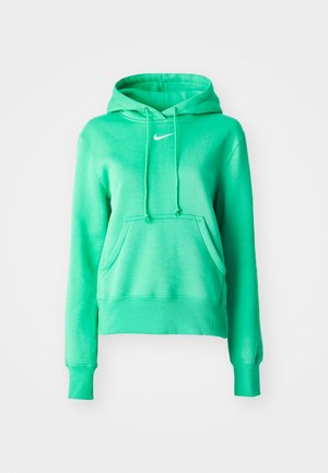 Green hoodie made of soft fabric, featuring a front pocket, drawstring hood, ribbed cuffs, and a small white logo on the chest.