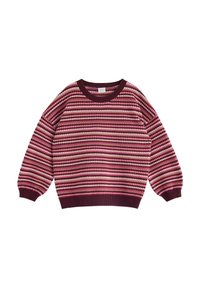 Gestrickter Pullover mit rundem Ausschnitt, der ein gestreiftes Muster in diversen Rosa- und Burgundertönen zeigt. Lockerer Schnitt mit gerippten Bündchen und Saum.