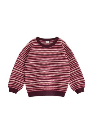 Maglione lavorato a maglia con scollo rotondo, caratterizzato da un motivo a righe in tonalità di rosa e bordeaux. Vestibilità ampia con polsini e orlo a coste.