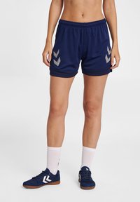 Marineblauwe sportshorts met zilveren chevronaccenten, voorzien van een elastische tailleband en meshstof. Gecombineerd met marineblauwe schoenen en witte sokken.