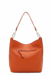 Borsa hobo in pelle arancione a trama con manico superiore, dotata di una tasca frontale con zip e accessori in metallo dorato.
