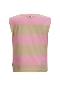 T-shirt z krótkim rękawem z poziomymi różowymi i beżowymi pasiakami, wykonany z miękkiej bawełny. Projekt zawiera szeroki dekolt i metkę z tyłu.