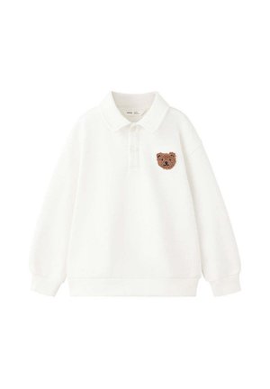 Polo blanc à manches longues avec un col et deux boutons, avec un petit visage d'ours en peluche marron brodé sur la poitrine gauche.