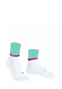 Calzini bianchi alla caviglia con una fascia verde menta e una banda rossa con il nome del marchio. Texture liscia, tallone e punta rinforzati.