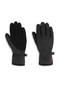 Zwarte en grijze gebreide handschoenen met een gestructureerde afwerking, voorzien van een zwarte handpalm, verstelbare polsband en een rode logo-accent.