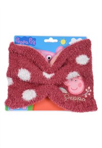 Roze, fluffy haarband met witte stippen en Peppa Pig borduurwerk. Beschikt over een strikontwerp, zachte textuur en wordt geleverd met een kleurrijke achterkaart.