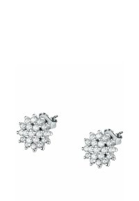 Sterling sølv studs øreringe med et blomstermønster prydet med flere små, runde, klare sten sat i en klynge.