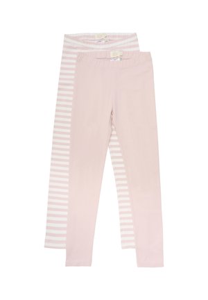Pinkes Leggings-Set mit einer einfarbigen Leggings und einer Leggings mit dünnen weißen Streifen. Weiches Baumwollmaterial, elastischer Bund und glatte Textur.