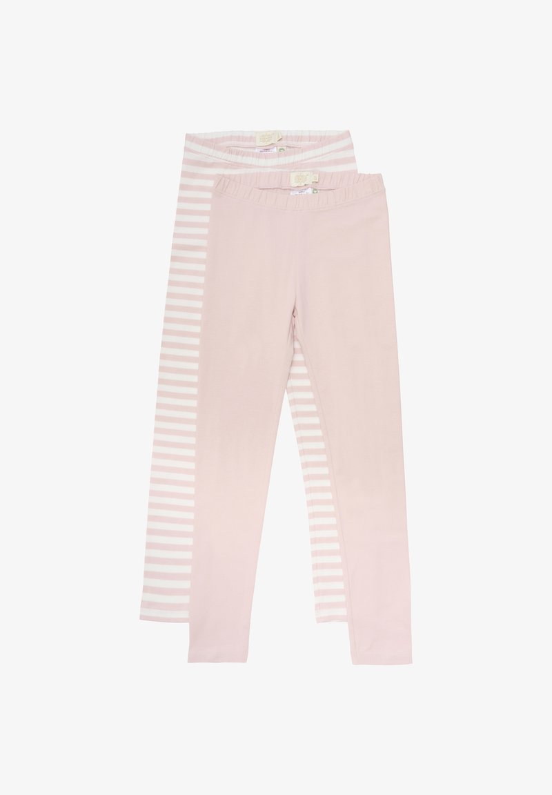 Roze leggings set met één effen legging en één met dunne witte strepen. Zacht katoenmateriaal, elastische tailleband en een gladde textuur.