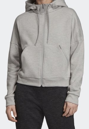 Light gray zip-up hoodie with front pockets and drawstring hood worn with dark pants on a standing person.