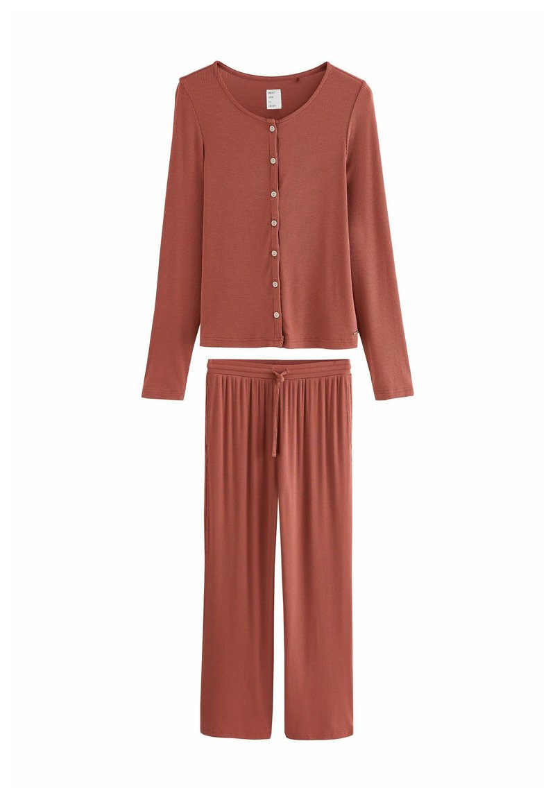 Rust-colored, ribbed lounge set featuring a long-sleeve button-up top with round neckline and loose-fit drawstring pants.