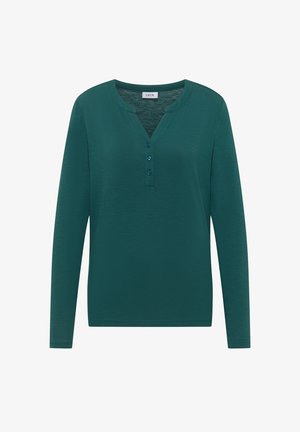 Långärmad skjorta i teal med henley-halsringning, treknappsslå och mjuk textur. Har en avslappnad passform och minimal detaljer.