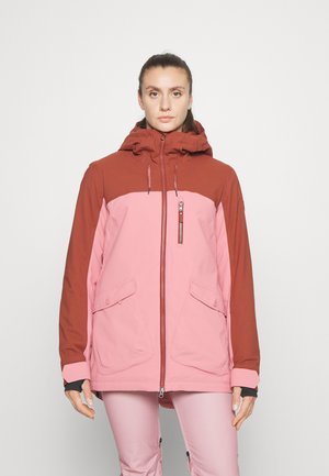 Weerbestendige jas in roze en bruin colorblock ontwerp, met een capuchon, ritssluiting, twee frontzakken en geribbelde manchetten.