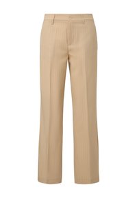 Pantalon beige à fines rayures, coupe droite, doté de passants pour ceinture, d'une fermeture par bouton et de plis avant.
