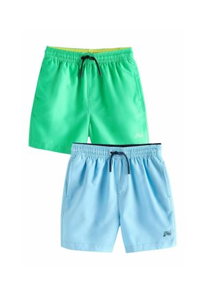 Two pairs of men's swim shorts, one green with yellow waistband, one light blue, both with black drawstrings and side pockets.