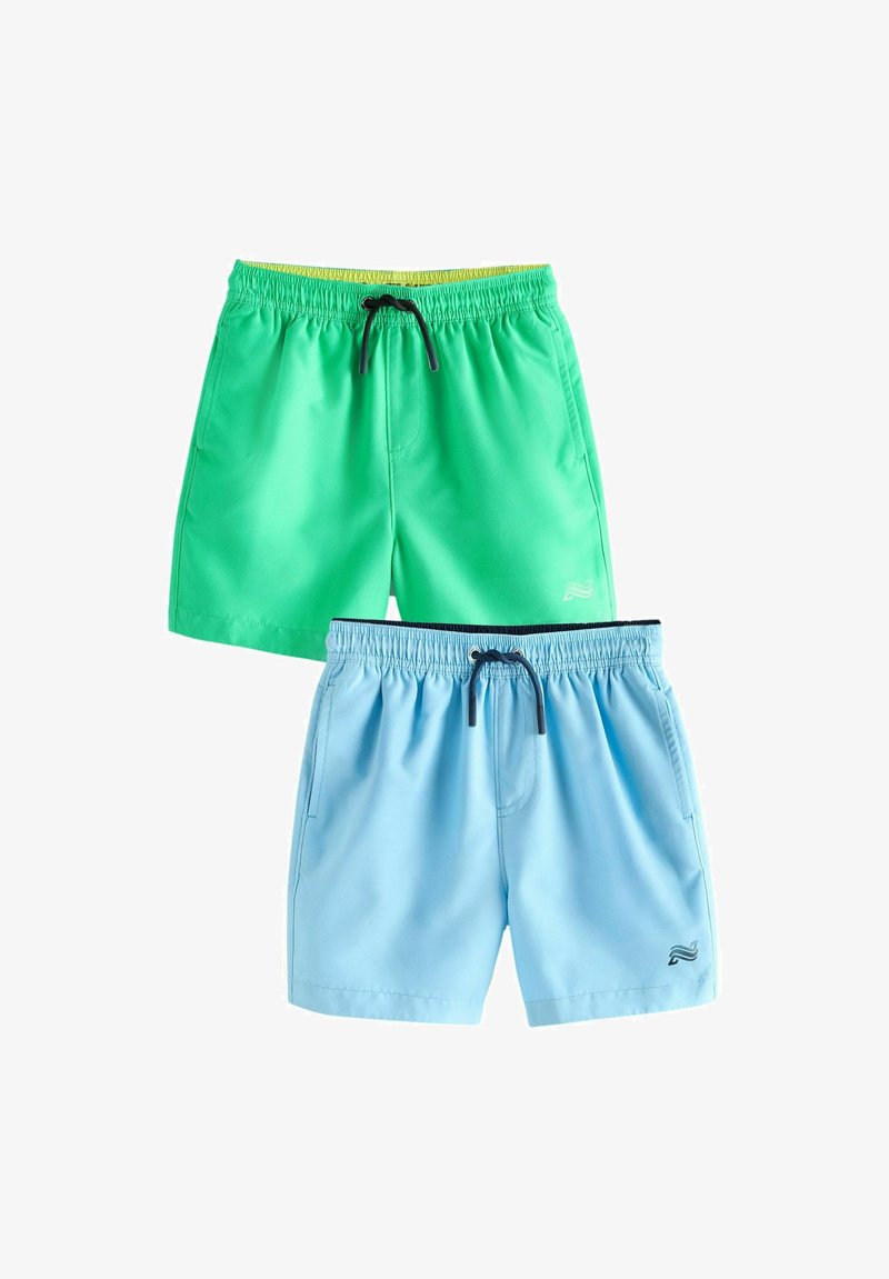 Due paia di pantaloncini da bagno da uomo, uno verde con fascia in vita gialla, uno azzurro chiaro, entrambi con coulisse nere e tasche laterali.