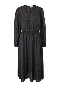 Černé midi šaty s dlouhým rukávem, malými zlatými puntíky, elastickým pasem, nařaseným výstřihem a knoflíkovým zapínáním v oblasti zad.