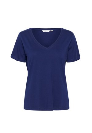 Tmavě modré bavlněné tričko s krátkými rukávy a výstřihem do V. Má rovný střih bez vzorů nebo ozdob. Jednoduché a klasické.