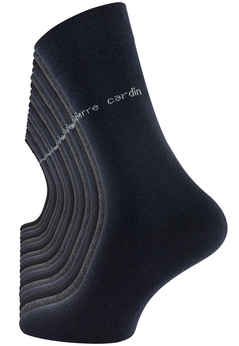 Nine pairs of dark blue socks made from a soft, stretchy material, featuring a ribbed texture and a white brand logo on the side.