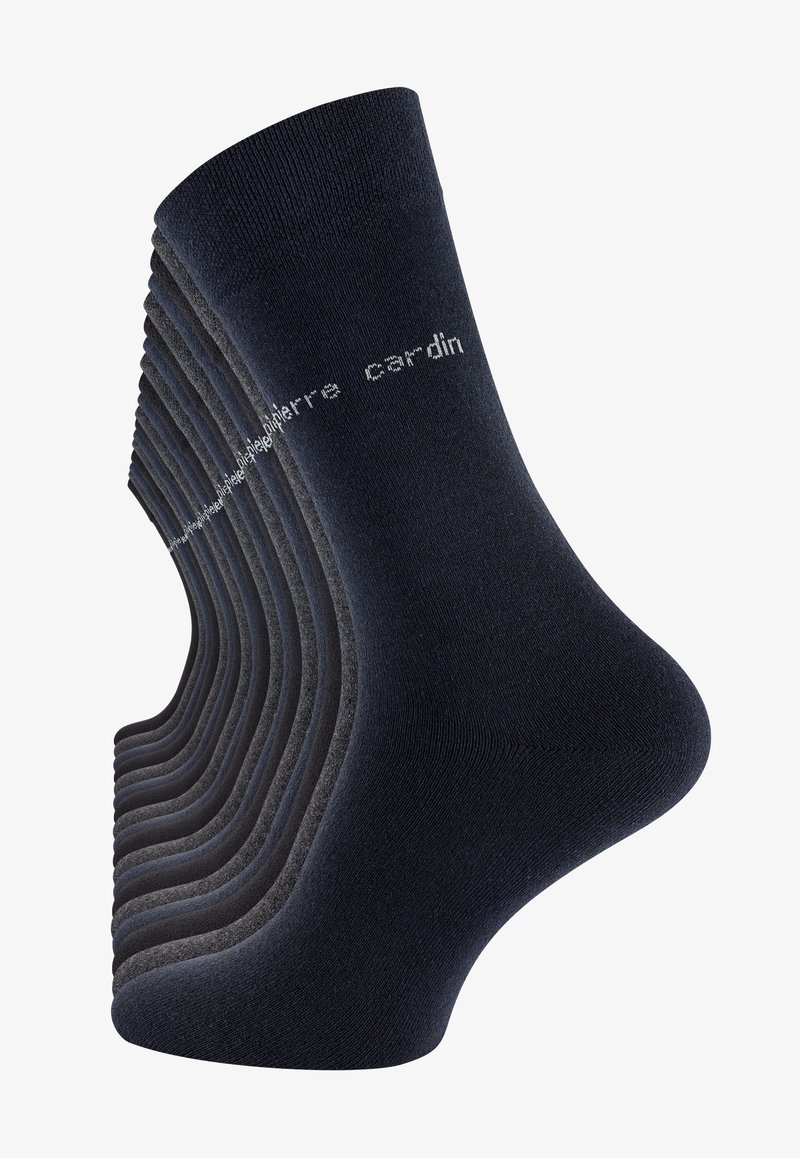 Nine pairs of dark blue socks made from a soft, stretchy material, featuring a ribbed texture and a white brand logo on the side.