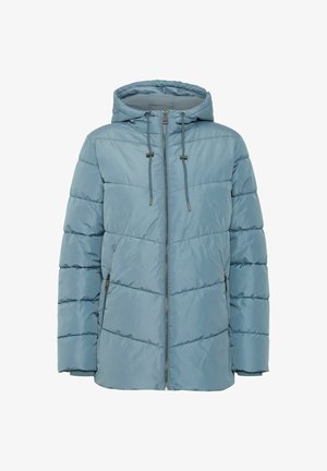 Light blue puffer jacket with a hood, featuring quilted sections, a front zipper, and adjustable drawstrings. Includes side zip pockets.