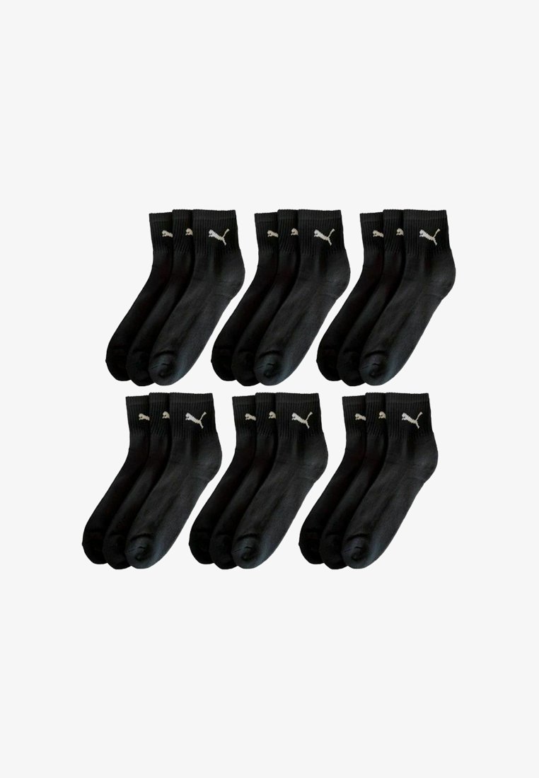 Black socks, cotton blend, ribbed cuffs, featuring a white logo on the upper side. Set of twelve pairs, medium height, smooth texture.