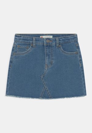Blauer Denim-Minirock in hoher Taille mit Knopfleiste vorne, Taschen, Gürtelschlaufen und rohem, ausgefranstem Saum.