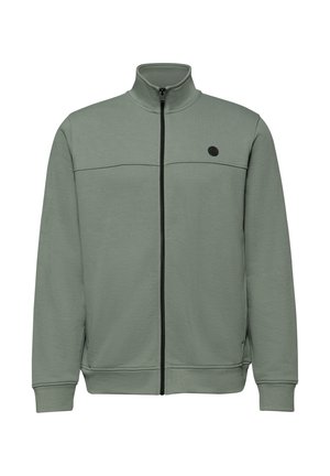 Greenish-gray zip-up jacket with high collar, long sleeves, ribbed cuffs, and a small round black logo on the left chest.