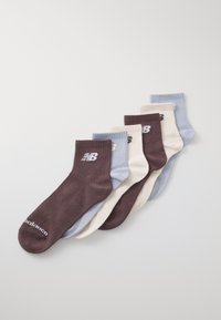Set of six socks in dark brown, light blue, cream, and pastel blue. Features ribbed texture and logo detailing on top and side.