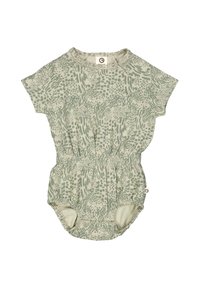 Romper a maniche corte di colore verde chiaro con un motivo astratto a texture, dotato di vita elastica e chiusure a pressione sulle gambe.