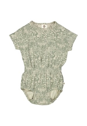Combinaison à manches courtes en vert clair avec un motif abstrait texturé, dotée d'une taille élastique et de fermetures à pression aux jambes.