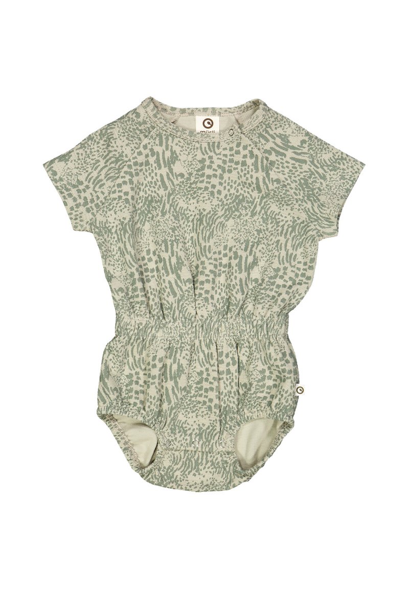 Romper a maniche corte di colore verde chiaro con un motivo astratto a texture, dotato di vita elastica e chiusure a pressione sulle gambe.