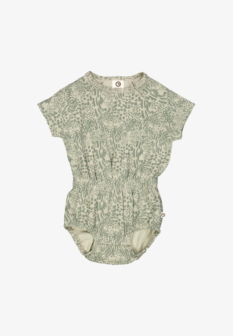 Krótkie spodenki w jasnym zielonym kolorze z teksturowanym, abstrakcyjnym wzorem, z elastyczną talią i zatrzaskami przy nogawkach.