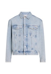 Giubbotto in denim azzurro chiaro con colletto, chiusura a bottoni, due tasche sul petto e texture sbiadita. Vestibilità standard con maniche lunghe.
