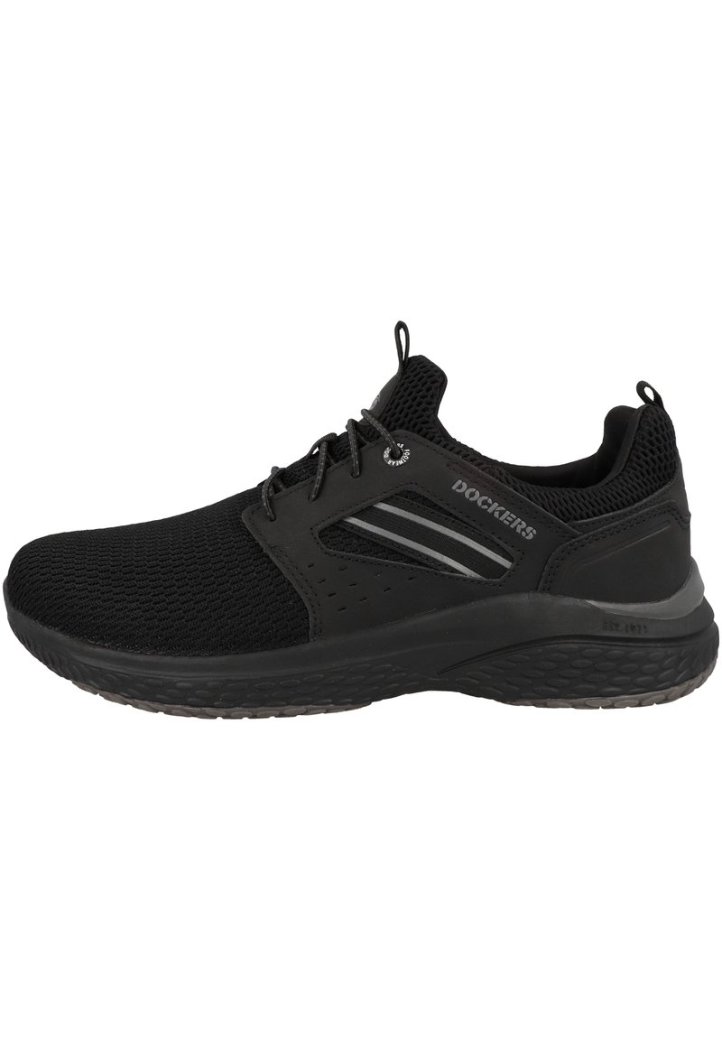 Schwarzer Sportschuh mit einem atmungsaktiven Mesh-Obermaterial, verstärkten Seiten, strukturiertem Gummisole und elastischen Schnürsenkeln für einen sicheren Sitz.