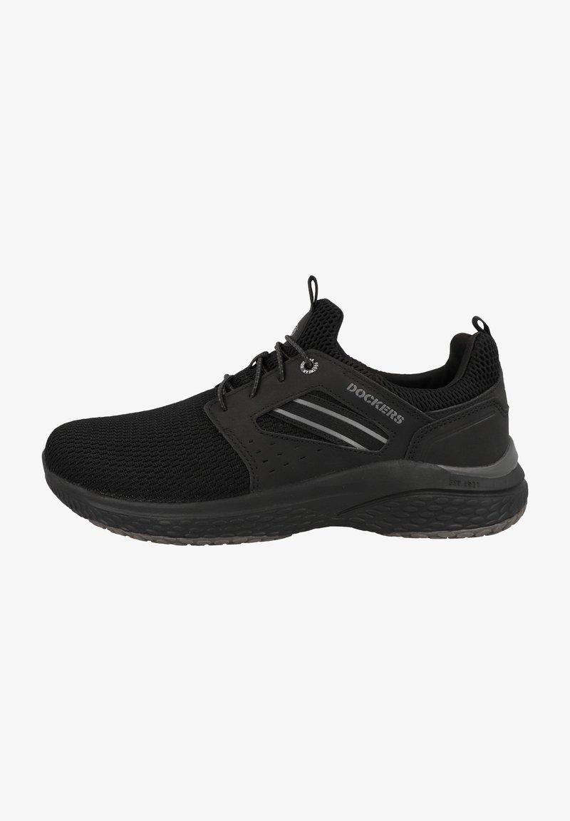 Zapatilla deportiva negra con parte superior de malla transpirable, lados reforzados, suela de goma con patrón y cordones elásticos para un ajuste seguro.