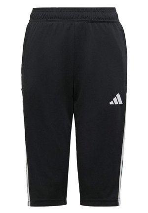 Czarne spodenki sportowe o gładkiej fakturze, z elastycznym paskiem w talii i białymi paskami po bokach. Posiadają małe białe logo na lewym udzie.