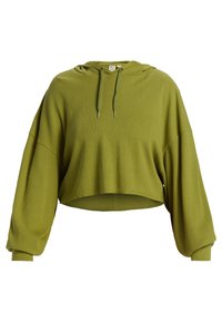 GeCropte hoodie in olijfgroen, met een gestructureerd wafelpatroon, brede mouwen en koordjes met metalen uiteinden.
