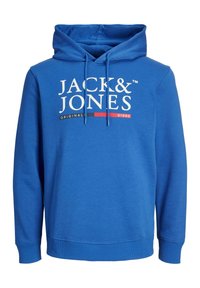 Modrá mikina s kapucí, na přední straně bílý text "JACK & JONES", stahovací kapuce a žebrované manžety a spodní lem.