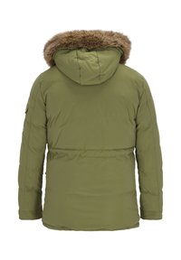 Oliwkowa puchowa kurtka z odpinanym kapturem wyłożonym sztucznym futerkiem, długimi rękawami i poziomym pikowaniem. Posiada regulowaną talię.