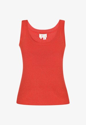 Piros, bordázott ujjatlan felső, kerek nyakkivágással. Texturált anyagból készült, amely a fókuszált sziluettet és a minimális dizájnt hangsúlyozza.