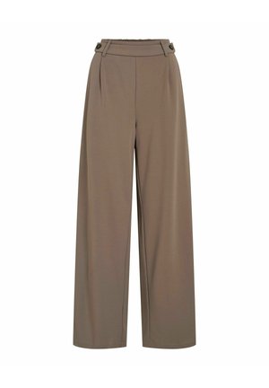 Højtaljede brune bukser med vide ben, knaplukket bæltesløjfer og frontfoldninger, præsenteret på hvid baggrund.